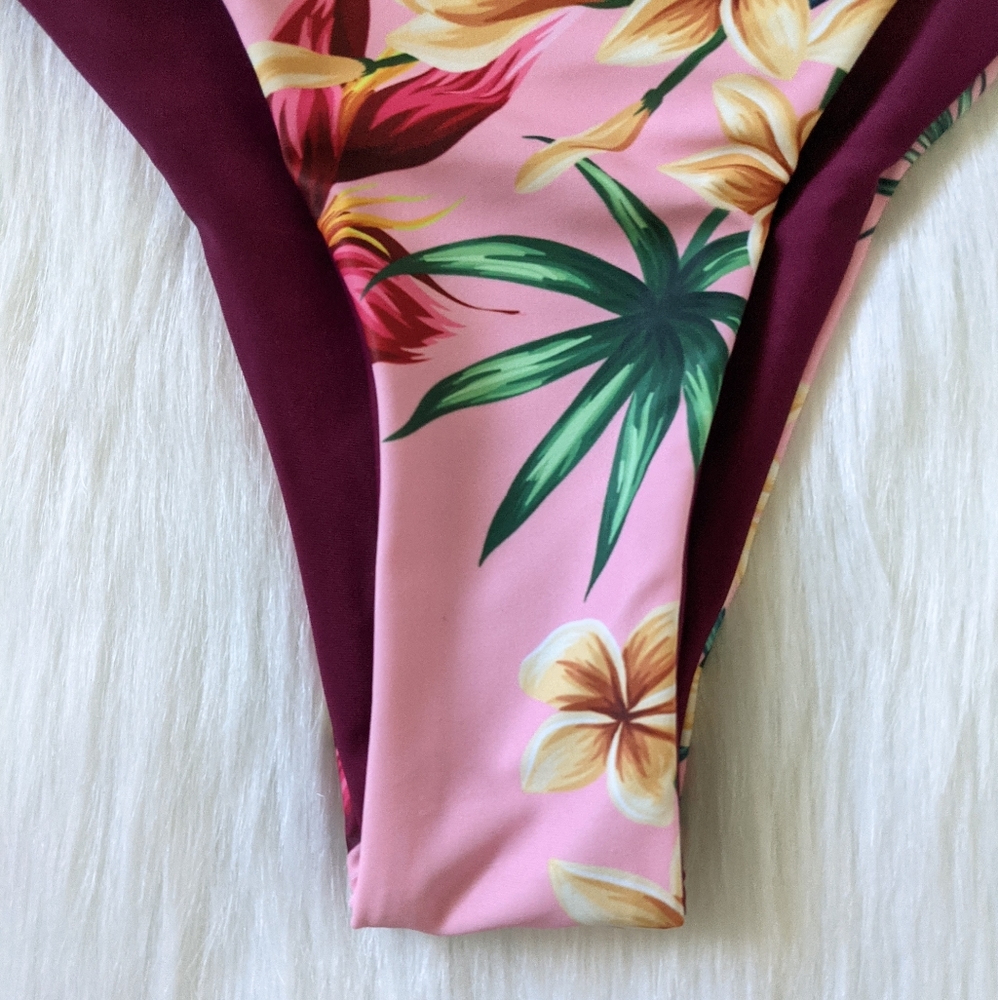 Pink Tropical leaf and floral print bikini bottom - Picture 3 of 7